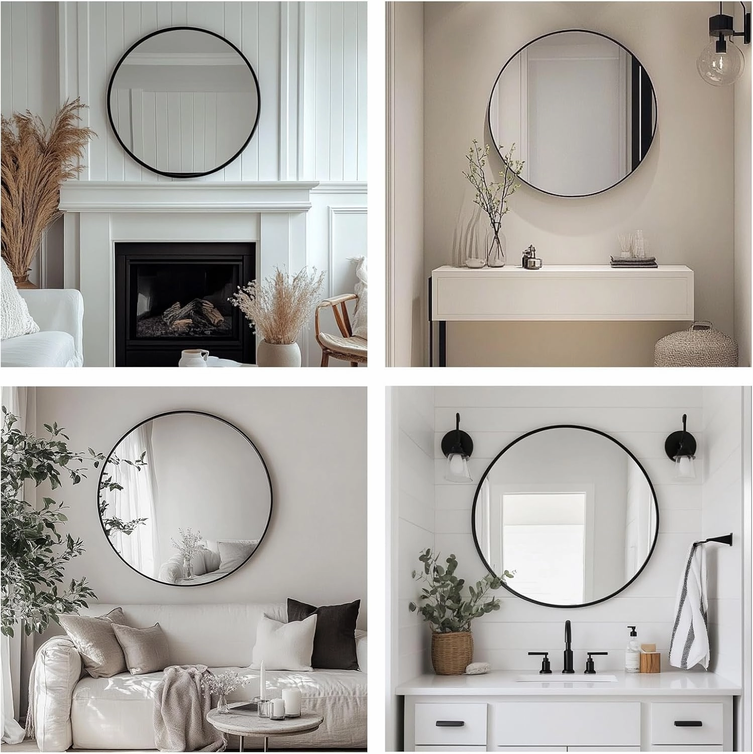 Round Mirror, Black Round Mirror 24 inch, Circle Wall Mirrors Metal Frame, Circular Mirrors for Wall, Living Room, Bathroom, Vanity, Entryway, Hallway.
