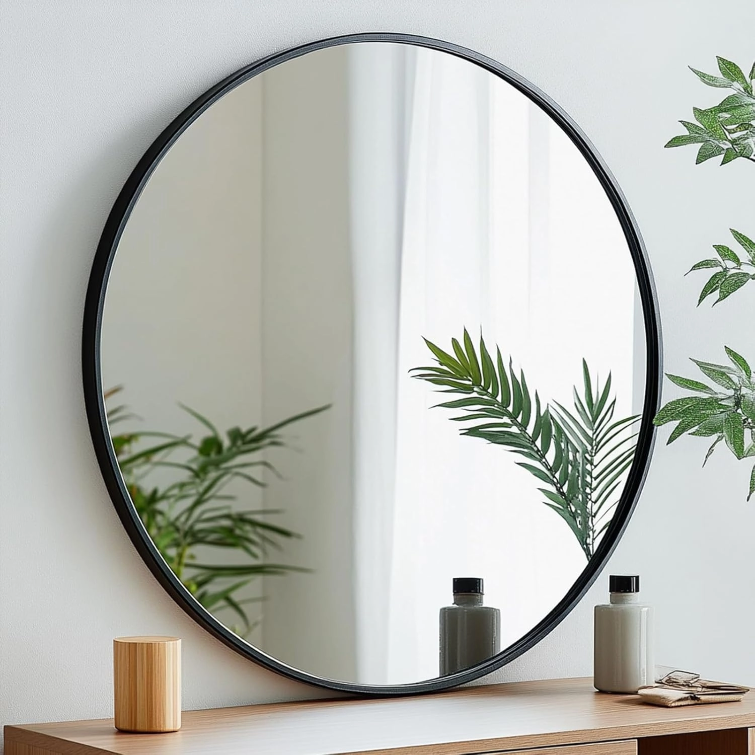 Round Mirror, Black Round Mirror 24 inch, Circle Wall Mirrors Metal Frame, Circular Mirrors for Wall, Living Room, Bathroom, Vanity, Entryway, Hallway.