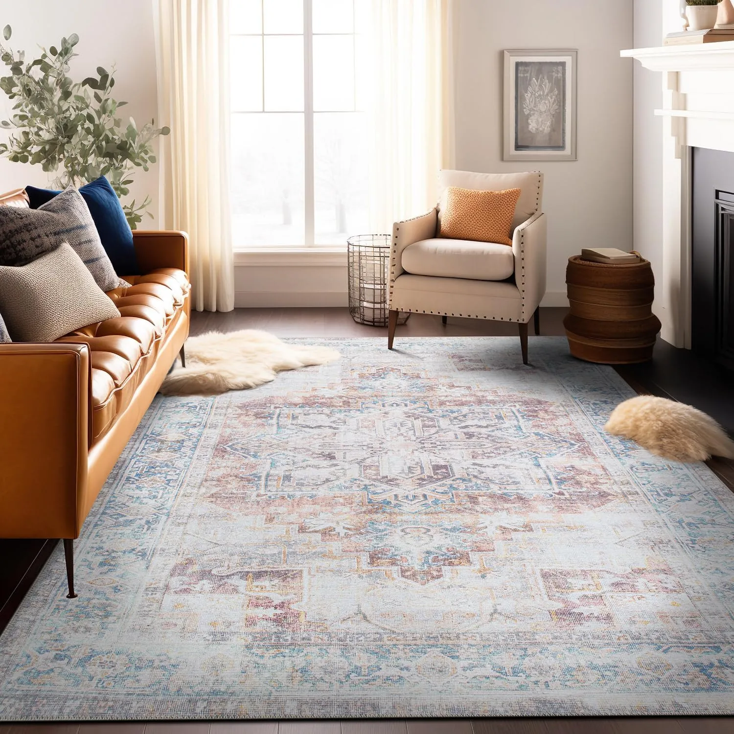 Rugshop Bohemian Distressed Stain Resistant Flat Weave Eco Friendly Premium Recycled Machine Washable Area Rug 5'x7' Rust