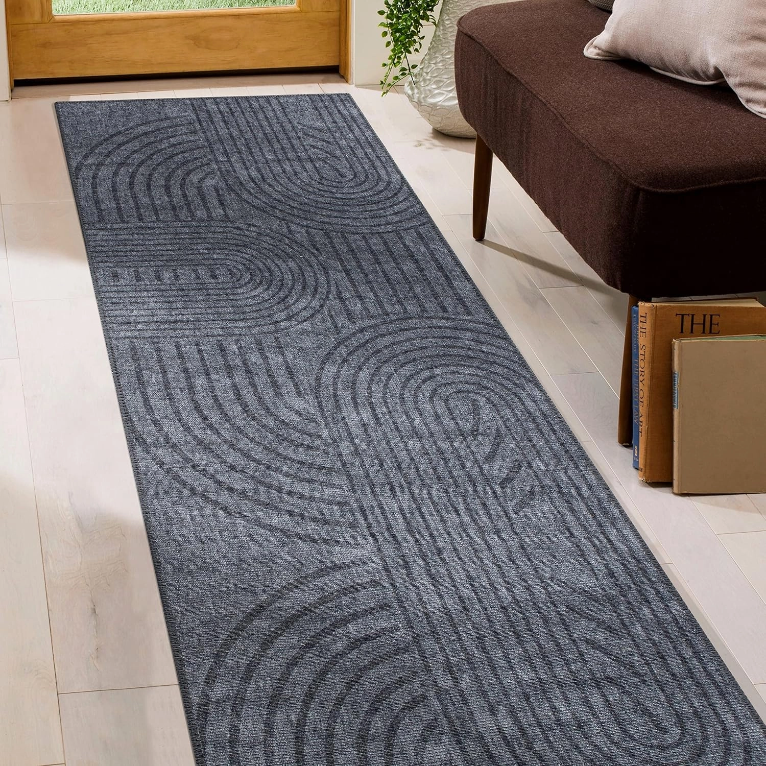 Rugshop Contemporary Lines Plaid Stain Resistant Flat Weave Eco Friendly Premium Recycled Machine Washable Runner Rug 2'6"x10' Dark Gray