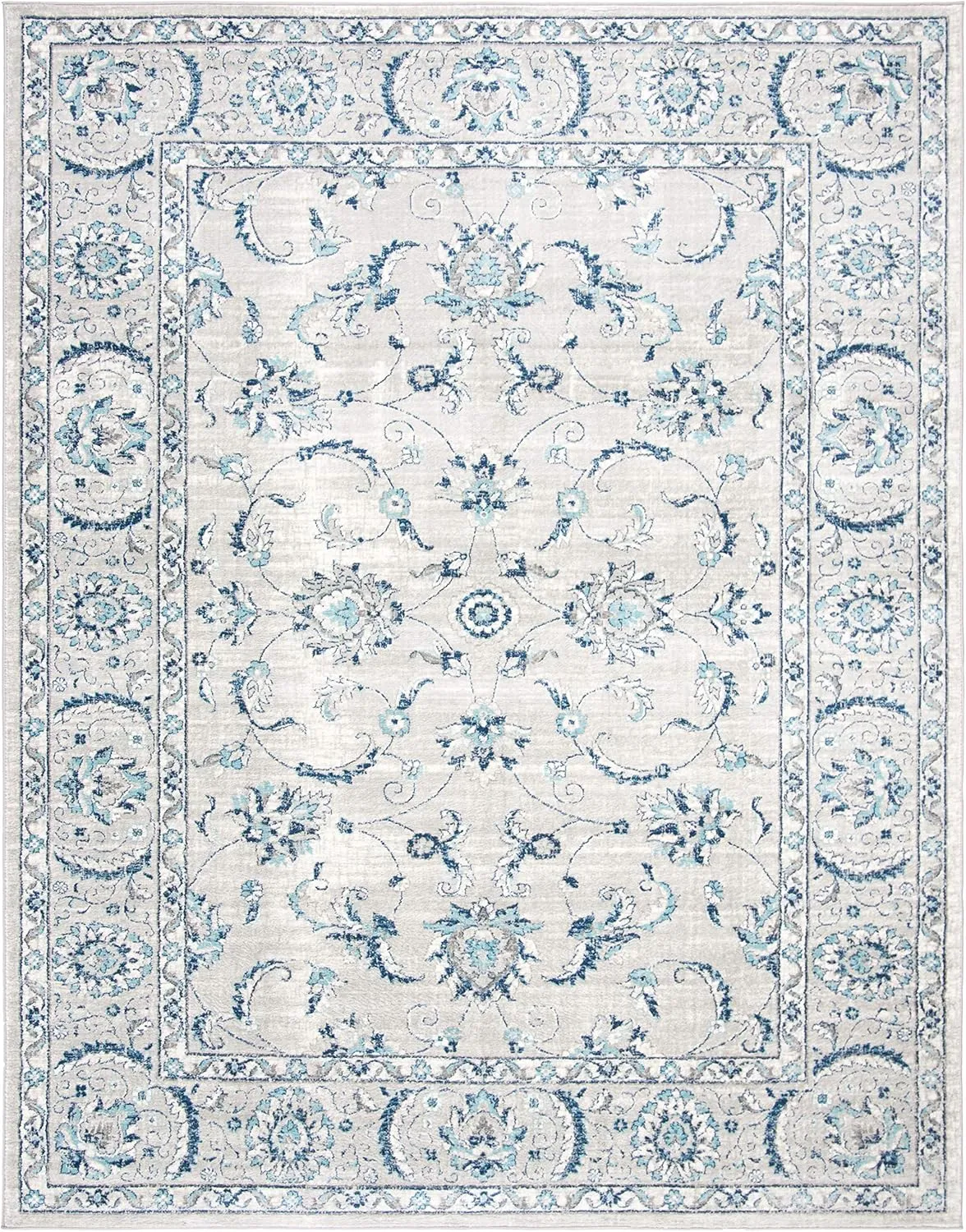 SAFAVIEH Area Rug 8x10 - Brentwood Collection - Large - Light Grey & Blue, Oriental Floral Scroll Design, Non-Shedding & Easy Cleaning, Ideal for Living Room, Bedroom, Office, Dining Space (BNT854G)