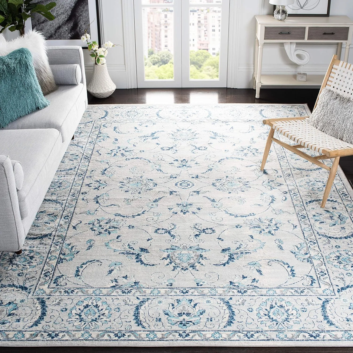 SAFAVIEH Area Rug 8x10 - Brentwood Collection - Large - Light Grey & Blue, Oriental Floral Scroll Design, Non-Shedding & Easy Cleaning, Ideal for Living Room, Bedroom, Office, Dining Space (BNT854G)