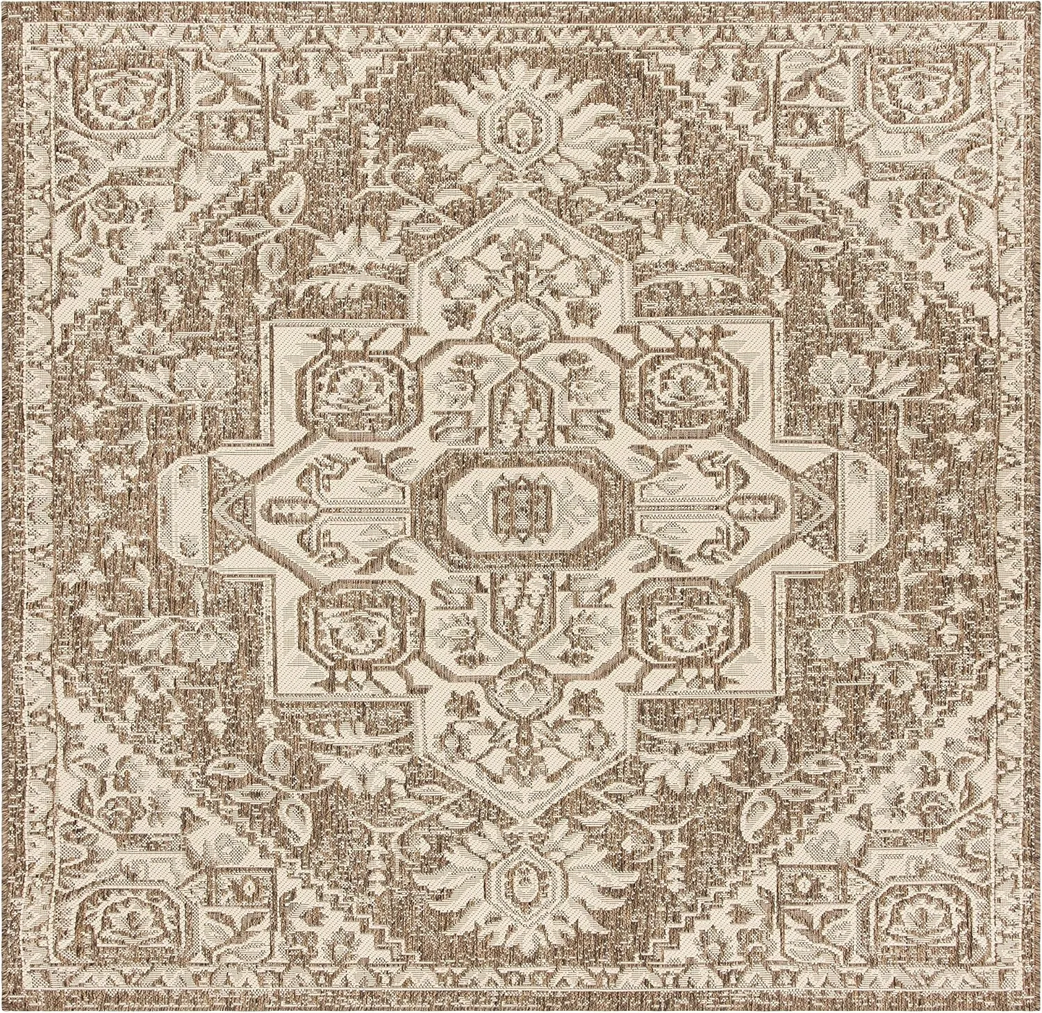 SAFAVIEH Beach House Collection Area Rug - 4' Square, Cream & Beige, Oriental Medallion Design, Non-Shedding & Easy Care, Indoor/Outdoor & Washable-Ideal for Patio, Backyard, Mudroom (BHS138A)
