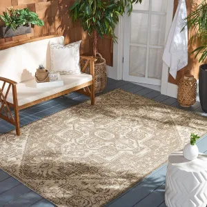 SAFAVIEH Beach House Collection Area Rug - 4' Square, Cream & Beige, Oriental Medallion Design, Non-Shedding & Easy Care, Indoor/Outdoor & Washable-Ideal for Patio, Backyard, Mudroom (BHS138A)