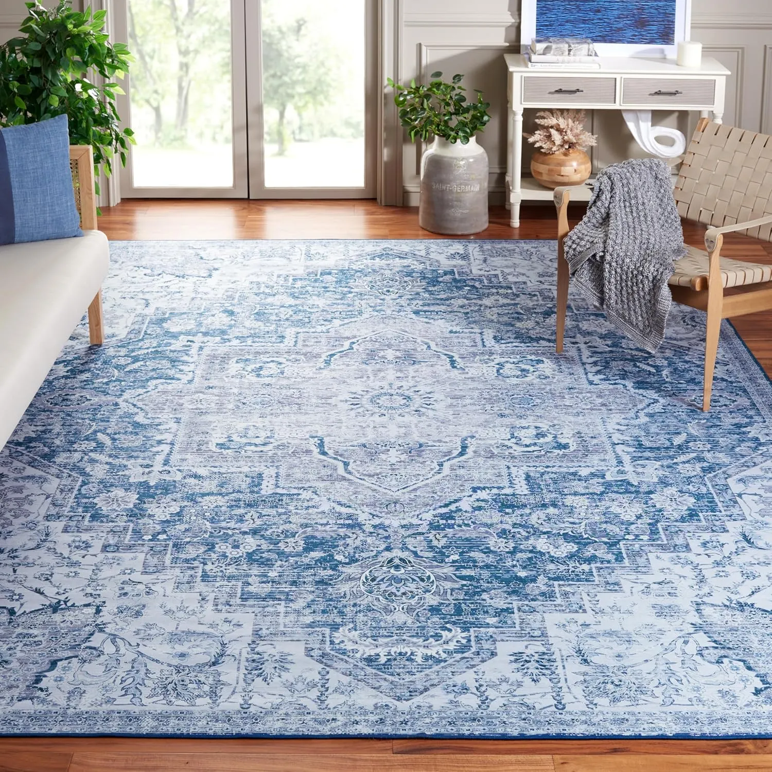 SAFAVIEH Washable Rug Tucson Collection - 9' x 12', Navy & Grey, Slip Resistant, Ideal for High Traffic Areas in Living Room, Bedroom, Home Office, Dining Space (TSN154N-9)