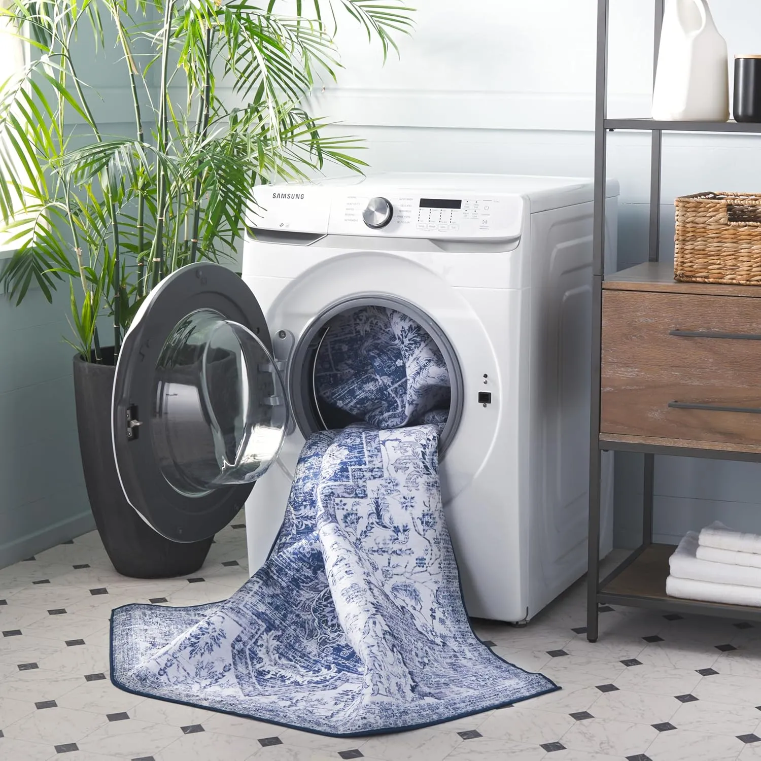 SAFAVIEH Washable Rug Tucson Collection - 9' x 12', Navy & Grey, Slip Resistant, Ideal for High Traffic Areas in Living Room, Bedroom, Home Office, Dining Space (TSN154N-9)