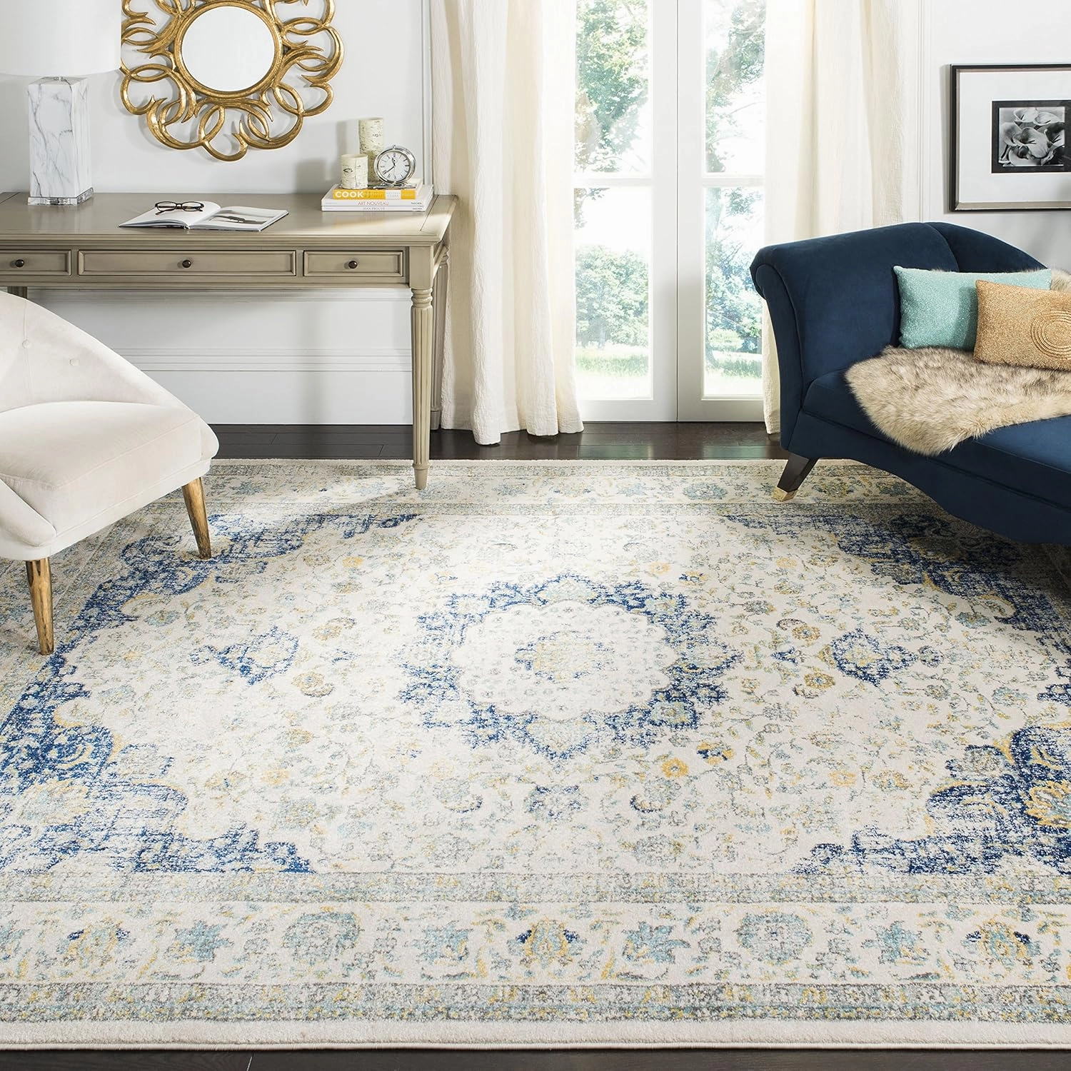 SAFAVIEH Area Rug 8x10 - Evoke Collection - Large - Ivory & Blue, Shabby Chic Oriental Medallion, Non-Shedding & Easy Cleaning, Ideal for Living Room, Bedroom, Office, Dining Space (EVK220C)