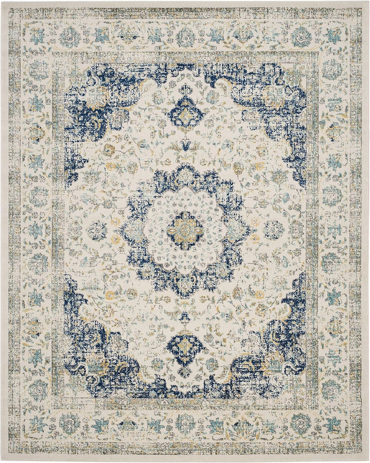 SAFAVIEH Area Rug 8x10 - Evoke Collection - Large - Ivory & Blue, Shabby Chic Oriental Medallion, Non-Shedding & Easy Cleaning, Ideal for Living Room, Bedroom, Office, Dining Space (EVK220C)