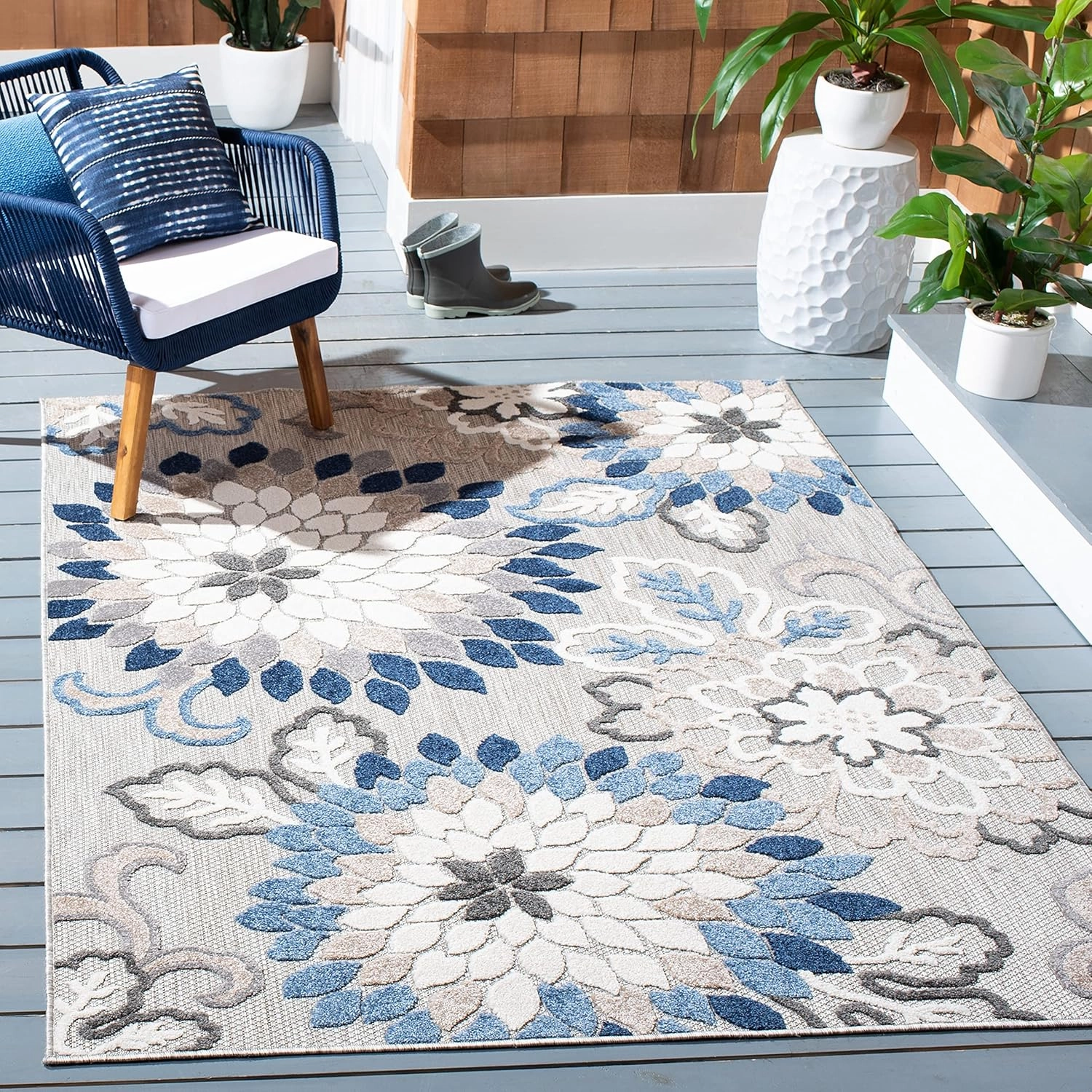 SAFAVIEH Area Rug 8x10 - Outdoor Cabana Collection - Large - Grey & Blue, Floral Design, Weather Resistant & Washable, Ideal for Patio, Backyard, Mudroom, Deck, Dining Space (CBN391F)