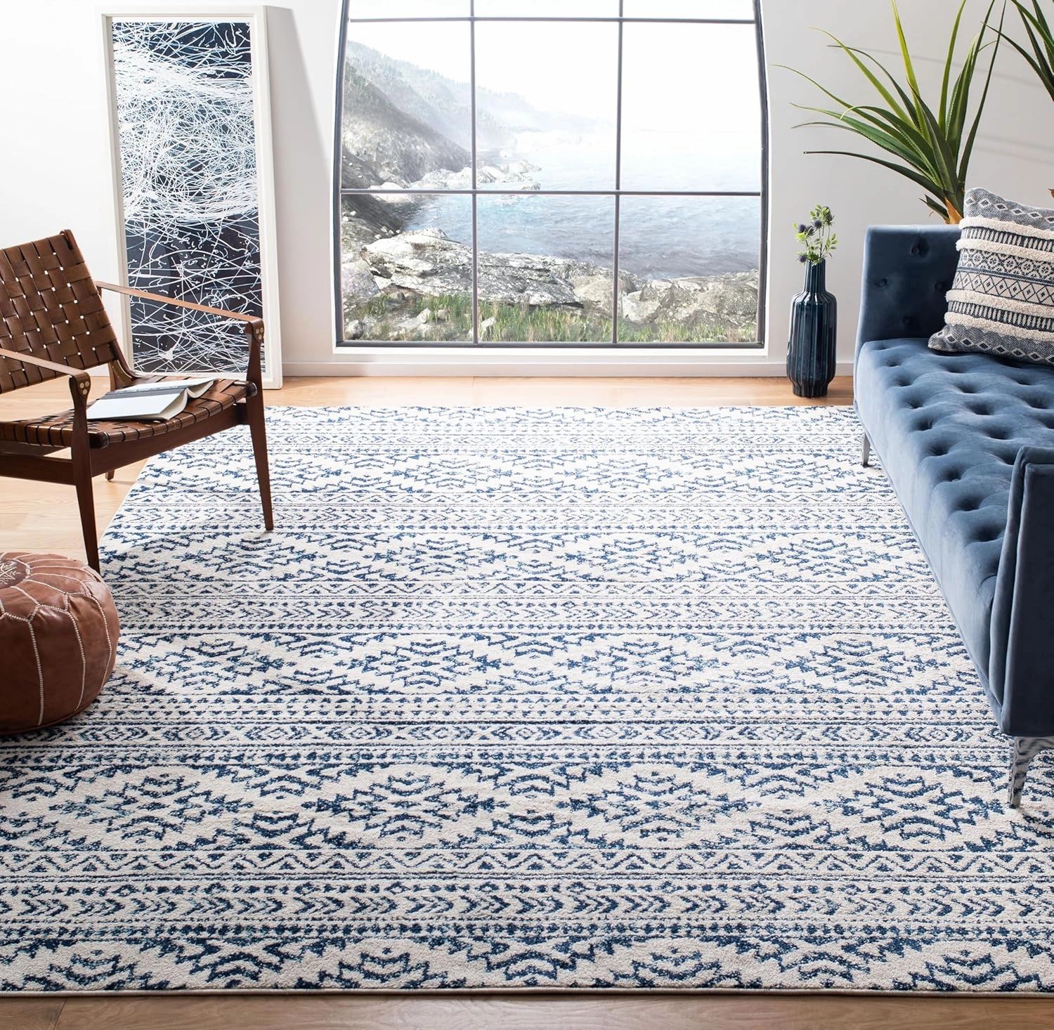 SAFAVIEH Area Rug 8x10 - Tulum Collection - Large - Ivory & Navy, Moroccan Boho Tribal Design, Non-Shedding & Easy Cleaning, Ideal for Living Room, Bedroom, Office, Dining Space (TUL272D)