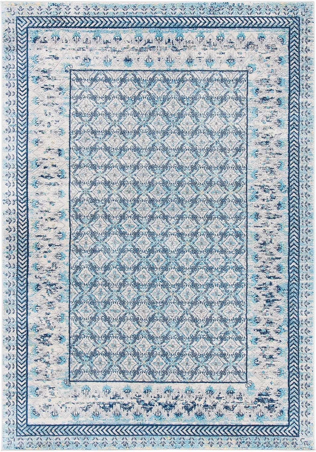 SAFAVIEH Brentwood Collection 8' x 10' Ivory / Aqua BNT899A Traditional Oriental Distressed Non-Shedding Living Room Bedroom Dining Home Office Area Rug