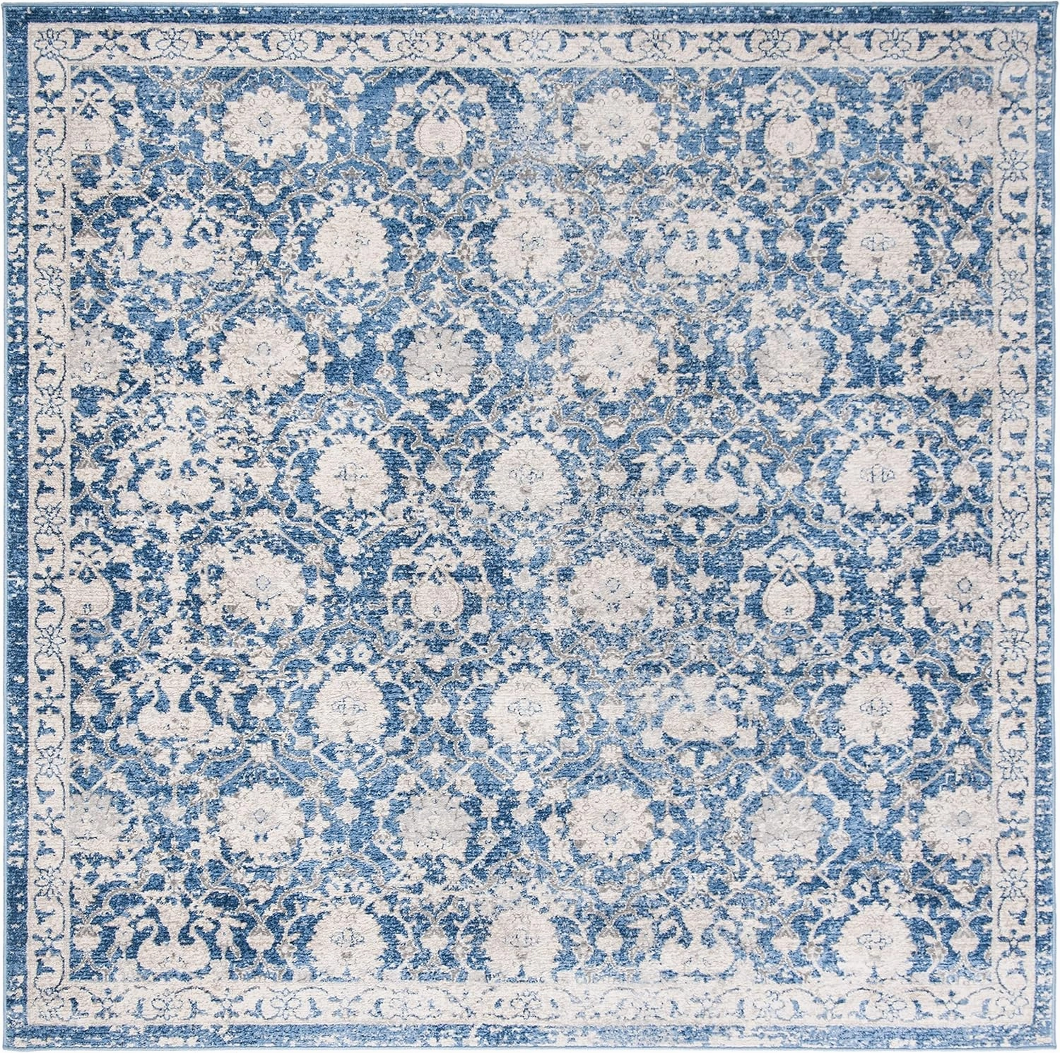 SAFAVIEH Brentwood Collection Area Rug - 5' Square, Navy & Creme, Floral Distressed Design, Non-Shedding & Easy Care, Ideal for High Traffic Areas in Living Room, Bedroom (BNT896N)