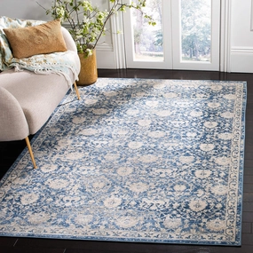 SAFAVIEH Brentwood Collection Area Rug - 5' Square, Navy & Creme, Floral Distressed Design, Non-Shedding & Easy Care, Ideal for High Traffic Areas in Living Room, Bedroom (BNT896N)