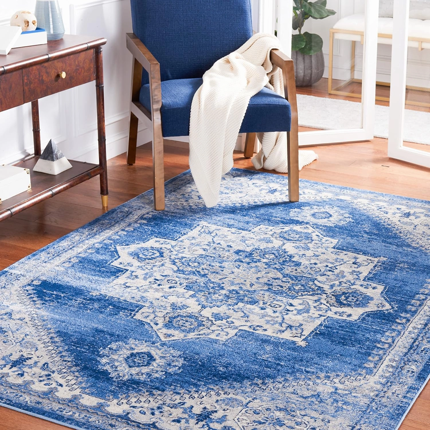 Safavieh Brentwood Collection Area Rug - 9' x 12', Ivory & Blue, Oriental Medallion Design, Non-Shedding & Easy Care, Ideal for High Traffic Areas in Living Room, Bedroom (BNT885A)
