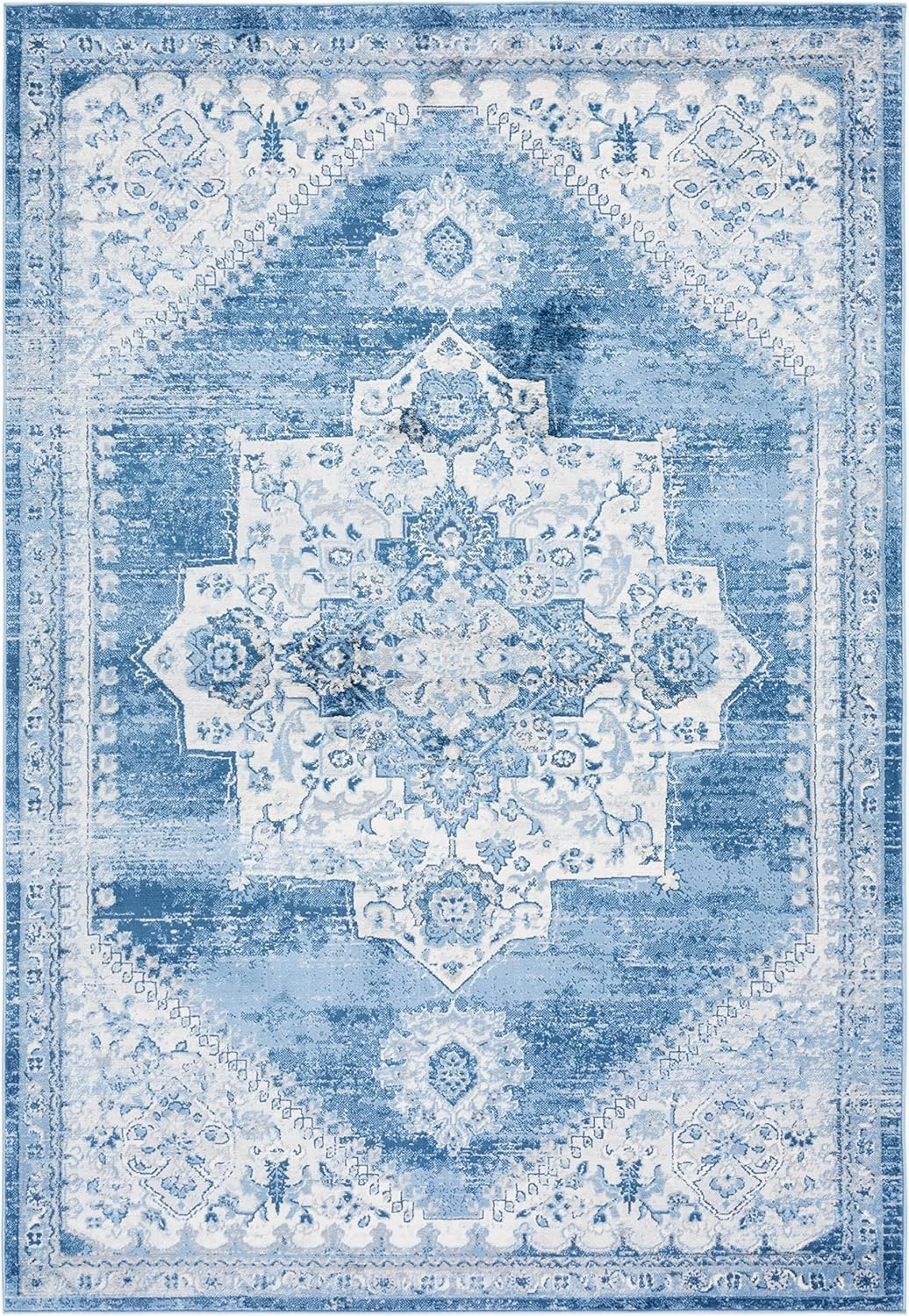Safavieh Brentwood Collection Area Rug - 9' x 12', Ivory & Blue, Oriental Medallion Design, Non-Shedding & Easy Care, Ideal for High Traffic Areas in Living Room, Bedroom (BNT885A)