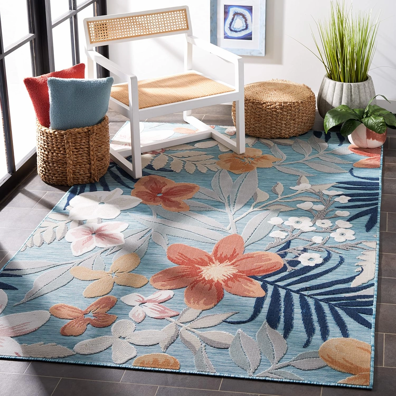 SAFAVIEH Cabana Collection Area Rug - 9' x 12', Aqua & Rust, Floral Tropical Design, Non-Shedding & Easy Care, Indoor/Outdoor & Washable-Ideal for Patio, Backyard, Mudroom (CBN454J)