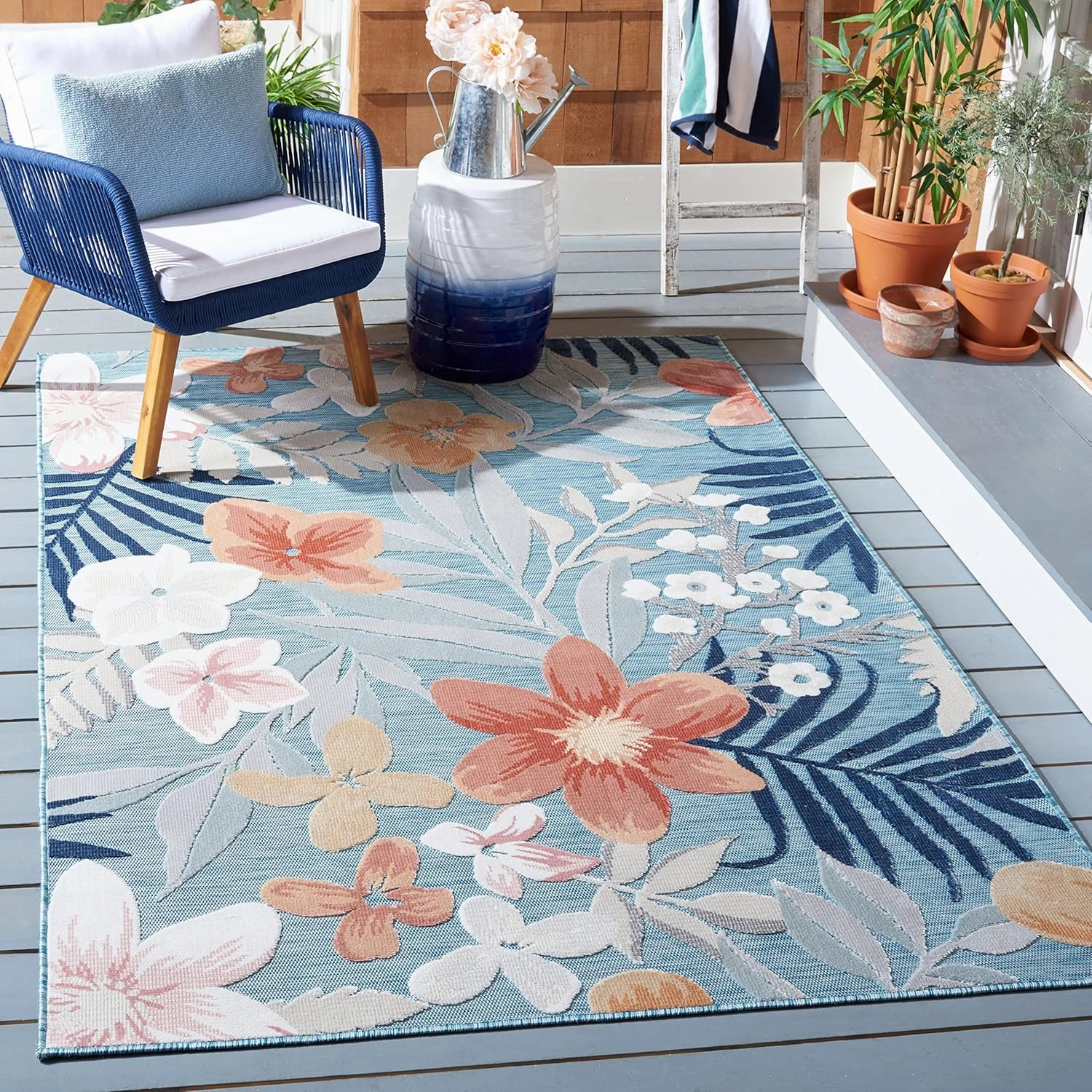 SAFAVIEH Cabana Collection Area Rug - 9' x 12', Aqua & Rust, Floral Tropical Design, Non-Shedding & Easy Care, Indoor/Outdoor & Washable-Ideal for Patio, Backyard, Mudroom (CBN454J)