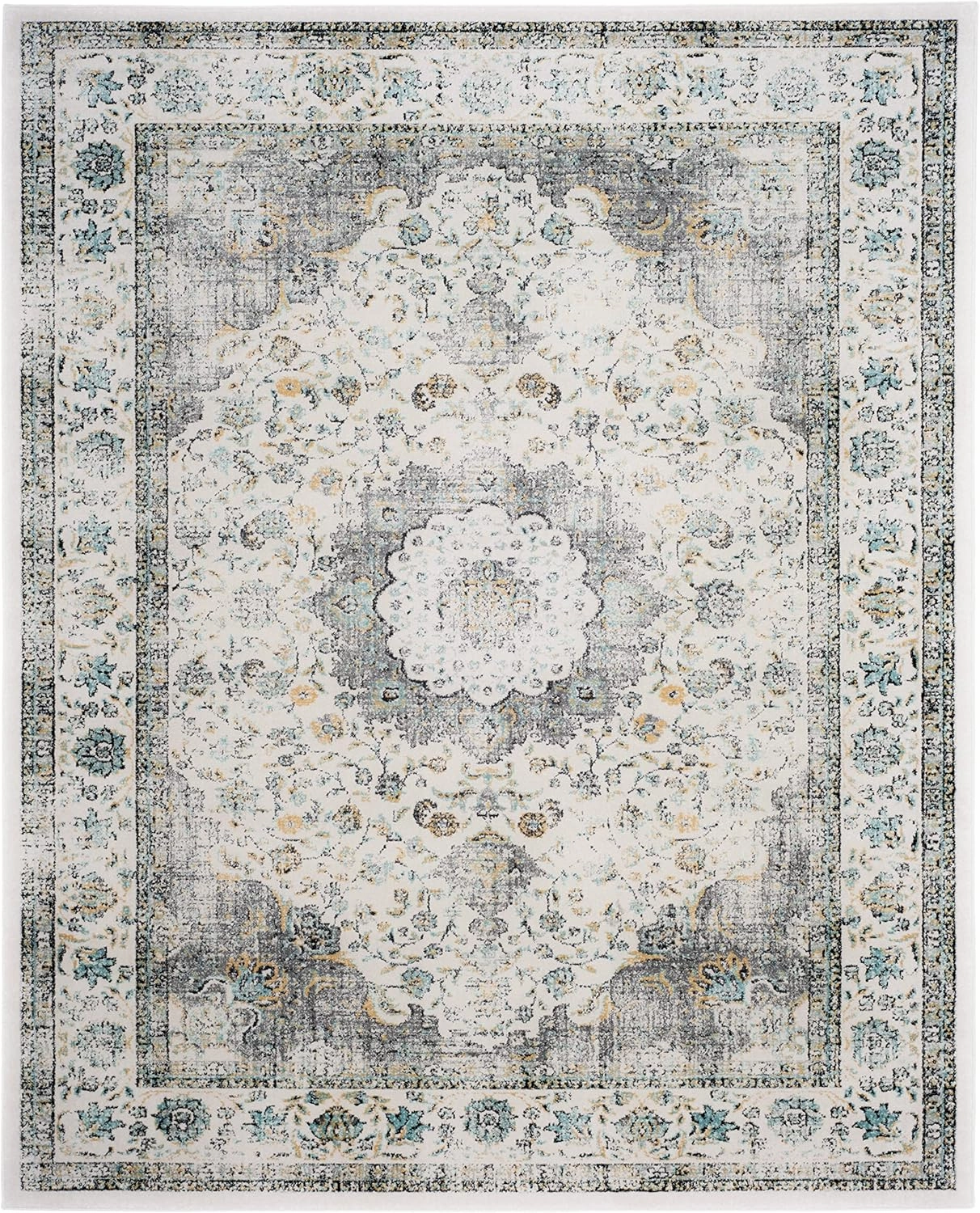 SAFAVIEH Evoke Collection Area Rug - 9' x 12', Grey & Gold, Shabby Chic Oriental Medallion Design, Non-Shedding & Easy Care, Ideal for High Traffic Areas in Living Room, Bedroom (EVK220B)