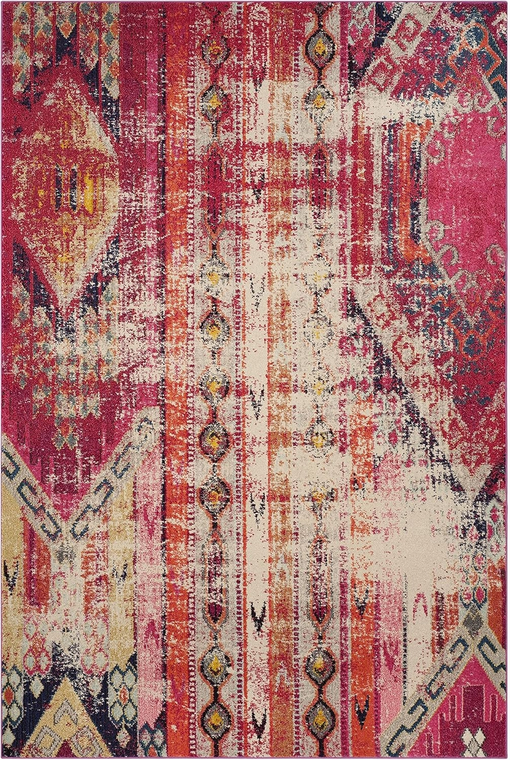 SAFAVIEH Monaco Collection Area Rug - 6'7" x 9'2", Magenta & Multi, Boho Chic Tribal Distressed Design, Non-Shedding & Easy Care, Ideal for High Traffic Areas in Living Room, Bedroom (MNC222D)