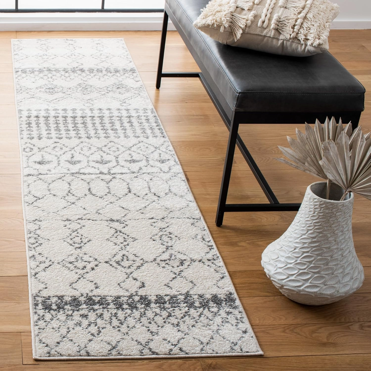 SAFAVIEH Tulum Collection Runner Rug - 2' x 7', Ivory & Grey, Moroccan Boho Distressed Design, Non-Shedding & Easy Care, Ideal for High Traffic Areas in Living Room, Bedroom (TUL229A)
