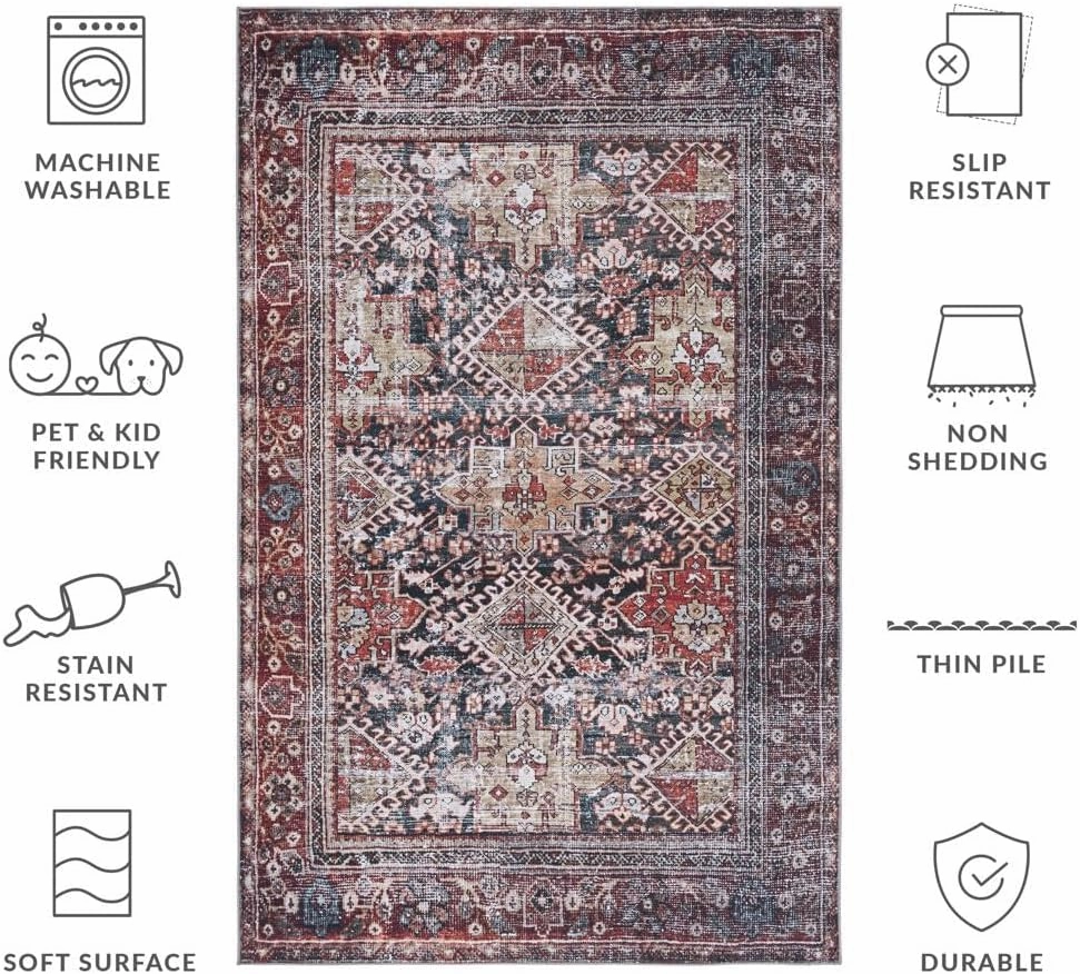 SAFAVIEH Washable Rug Tucson Collection - 9' x 12', Navy & Rust, Slip Resistant, Ideal for High Traffic Areas in Living Room, Bedroom, Home Office, Dining Space (TSN130N-9)