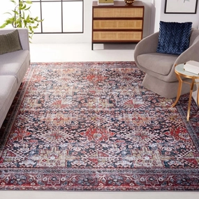 SAFAVIEH Washable Rug Tucson Collection - 9' x 12', Navy & Rust, Slip Resistant, Ideal for High Traffic Areas in Living Room, Bedroom, Home Office, Dining Space (TSN130N-9)