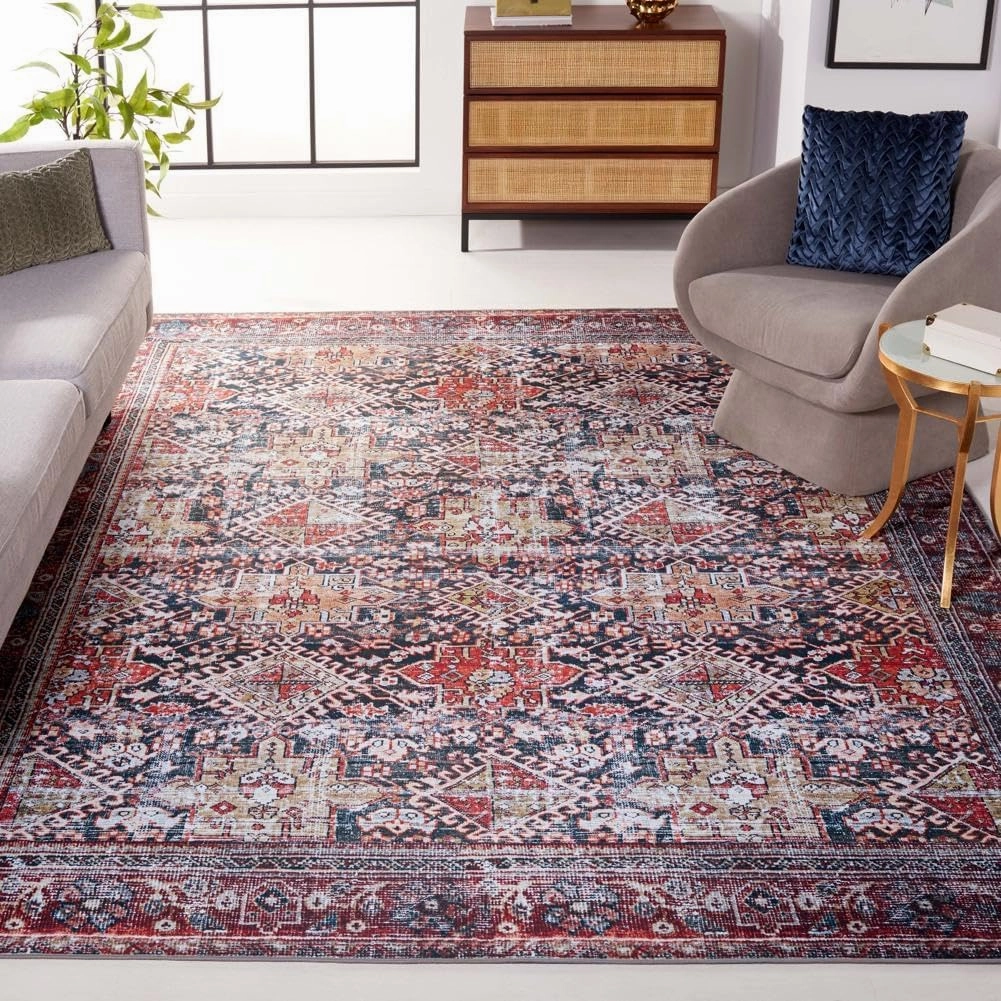 SAFAVIEH Washable Rug Tucson Collection - 9' x 12', Navy & Rust, Slip Resistant, Ideal for High Traffic Areas in Living Room, Bedroom, Home Office, Dining Space (TSN130N-9)