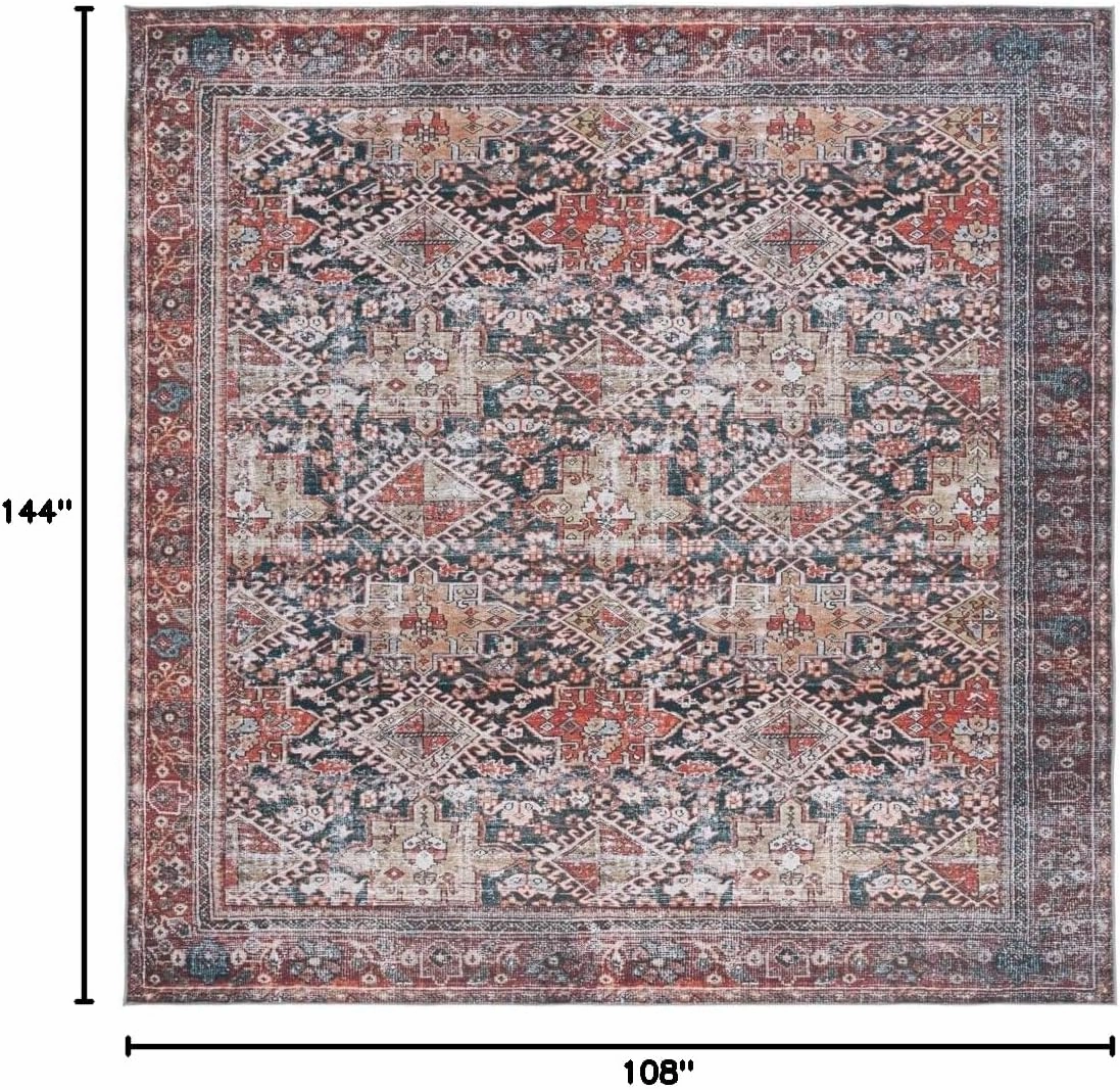 SAFAVIEH Washable Rug Tucson Collection - 9' x 12', Navy & Rust, Slip Resistant, Ideal for High Traffic Areas in Living Room, Bedroom, Home Office, Dining Space (TSN130N-9)