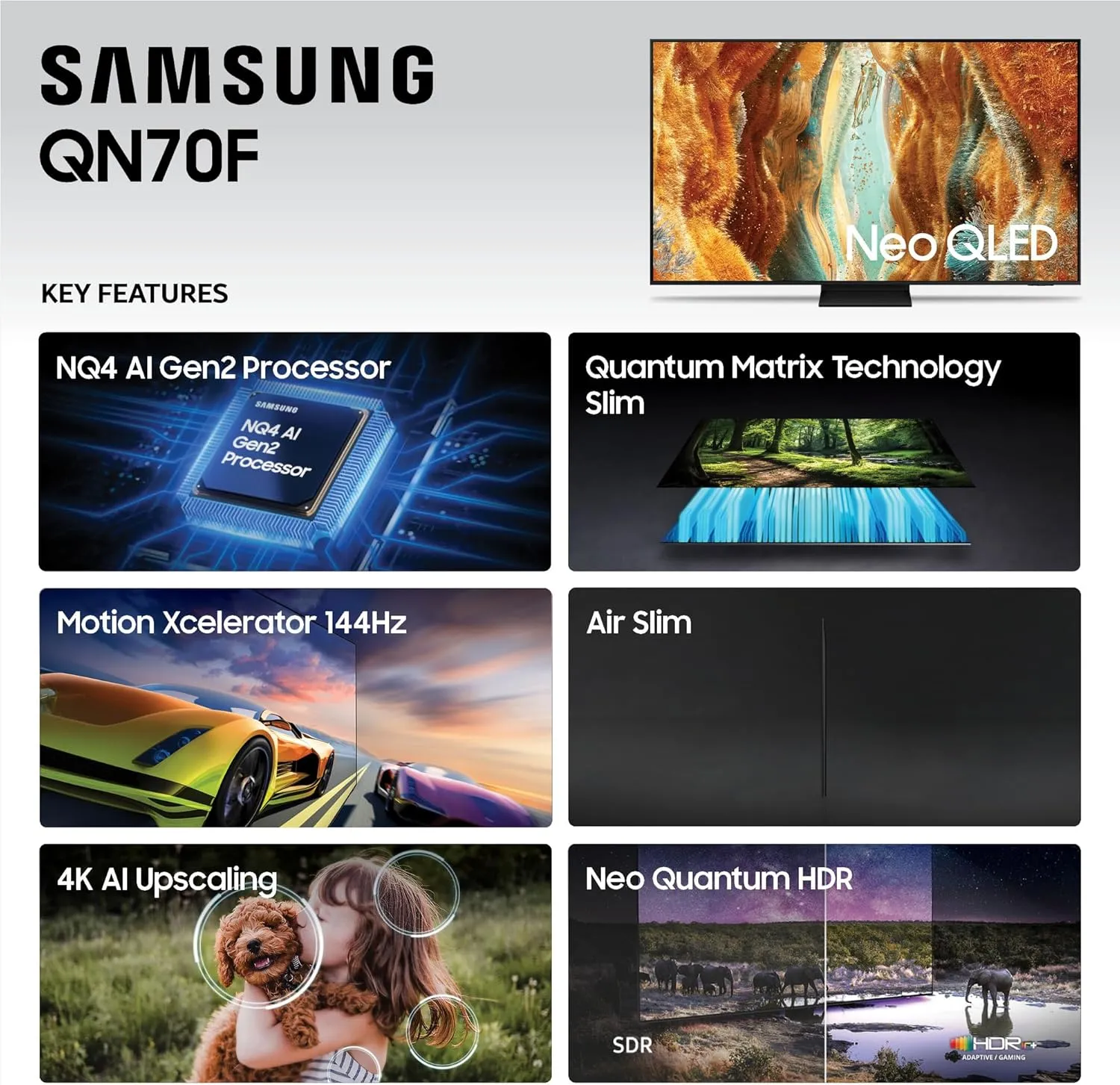 SAMSUNG 55-Inch Class Neo QLED QN70F 4K Mini LED Smart TV (2025 Model) NQ4 AI Gen2 Processor, Quantum Matrix Technology Slim, Motion Xcelerator 144Hz, Samsung Vision AI, Alexa Built-in