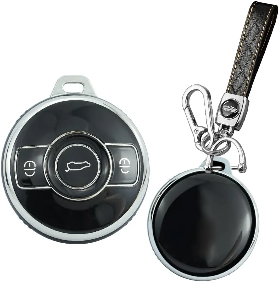 SANRILY Sliver-Edge Smart Key Fob Cover for Benz Smart Brabus 1 Fortwo 1 2022 2023 Keyless for Mercedes Key Case Holder with Leather Keychain Black