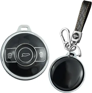 SANRILY Sliver-Edge Smart Key Fob Cover for Benz Smart Brabus 1 Fortwo 1 2022 2023 Keyless for Mercedes Key Case Holder with Leather Keychain Black