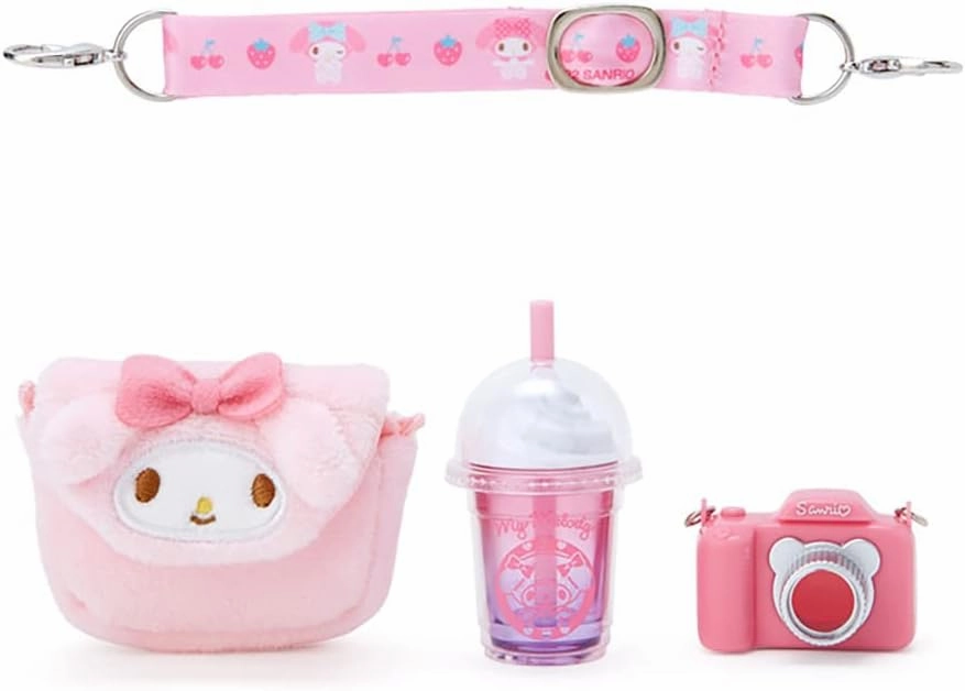 SANRIO My Melody Accessory Set, Character Outing Accessory Set, 2.2 x 0.6 x 1.6 inches (5.5 x 1.5 x 4 cm), Ages 3 and Up, Includes Camera, Bag, Drink, Shoulder Strap