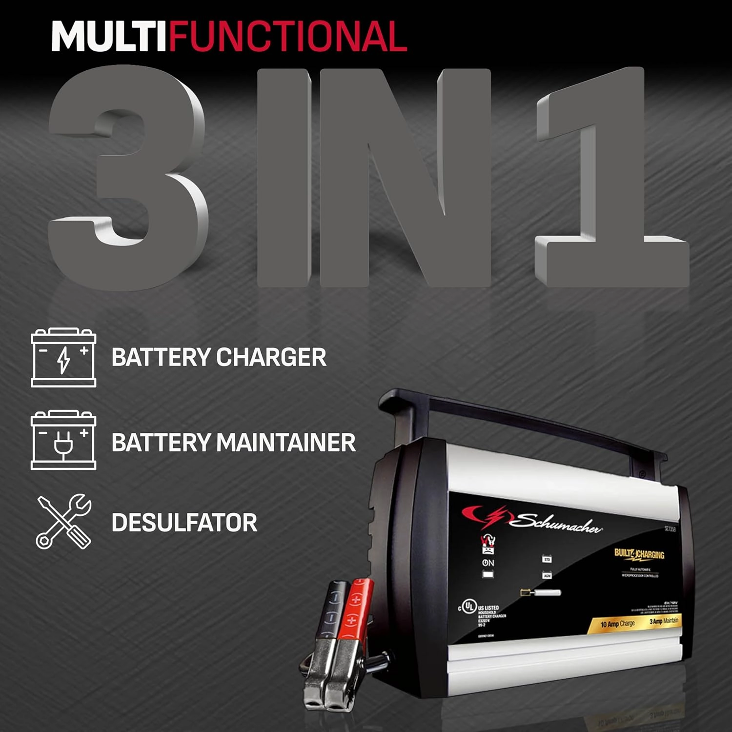 Schumacher Electric Battery Charger and Maintainer, SC1358, 3-in-1, Fully Automatic, 10 Amps, 6 Volt, 12 Volt, for Motorcycle, Lawn Tractor, Power Sport, Car, and Marine Batteries