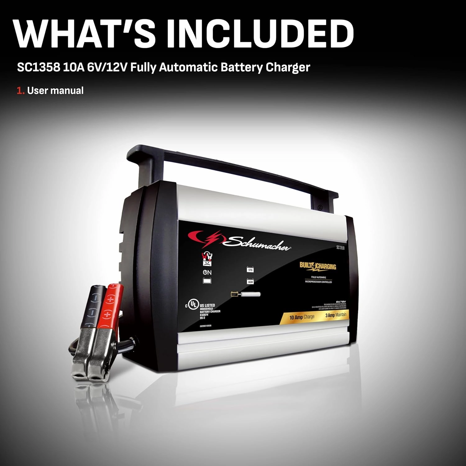 Schumacher Electric Battery Charger and Maintainer, SC1358, 3-in-1, Fully Automatic, 10 Amps, 6 Volt, 12 Volt, for Motorcycle, Lawn Tractor, Power Sport, Car, and Marine Batteries