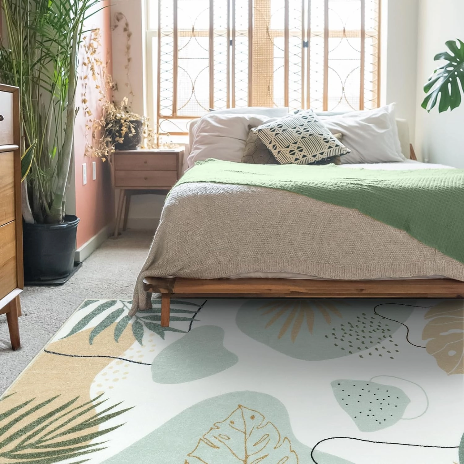 Seavish Boho Rugs for Living Room 4x6 Green Area Rugs for Bedroom Soft Botanical Print Indoor Carpet Rug for Nursery Room Modern Abstract Neutral Area Rugs for Dining Room Department Dorm Office