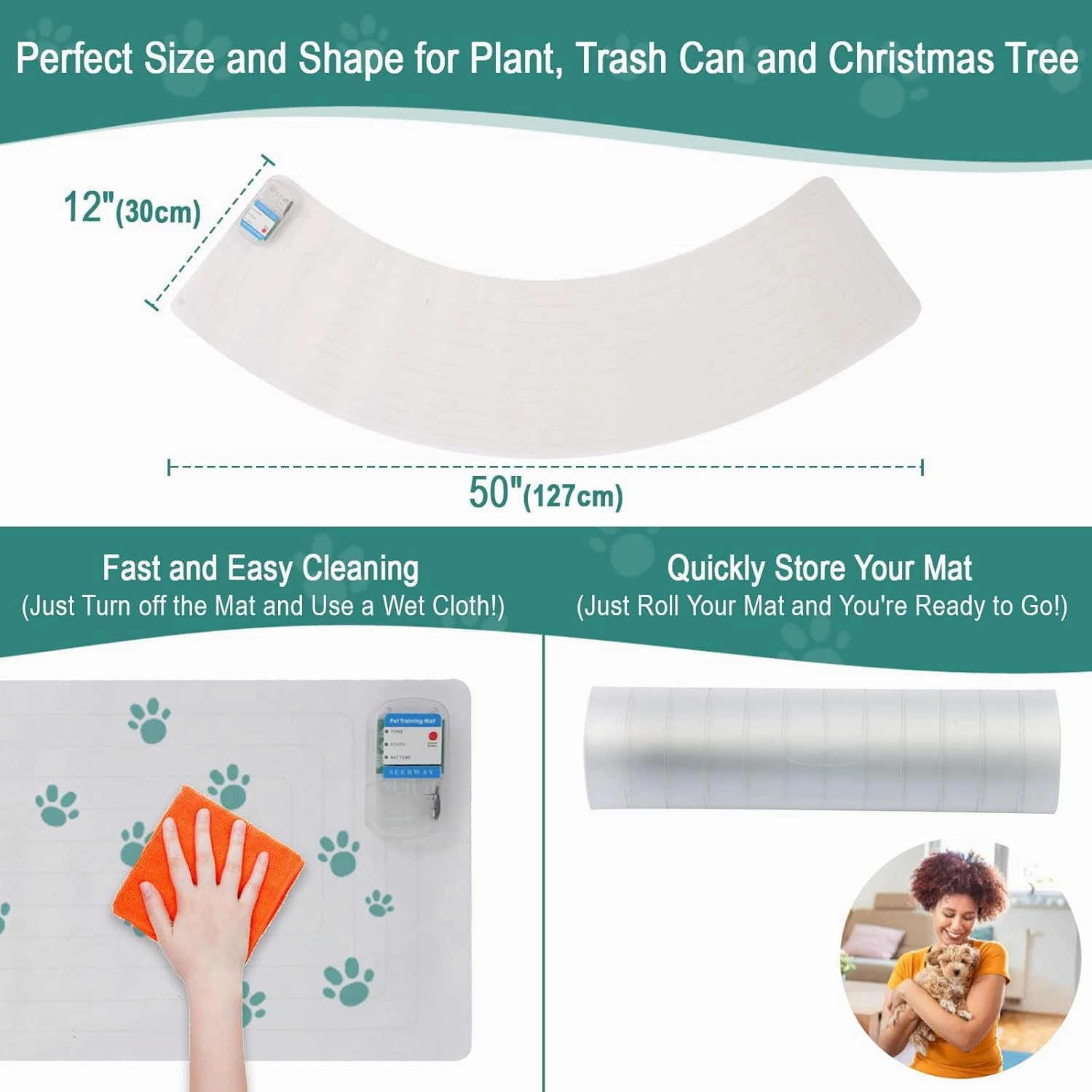 SEERWAY Scat Pet Shock Mat Indoor, Shock Training Pads for Dogs and Cats, Electric Repellent Mat Keeps Pets Off Plant, Trash Can and Christmas Tree, 3 Training Modes, 50"x12" Curved, Battery Operated