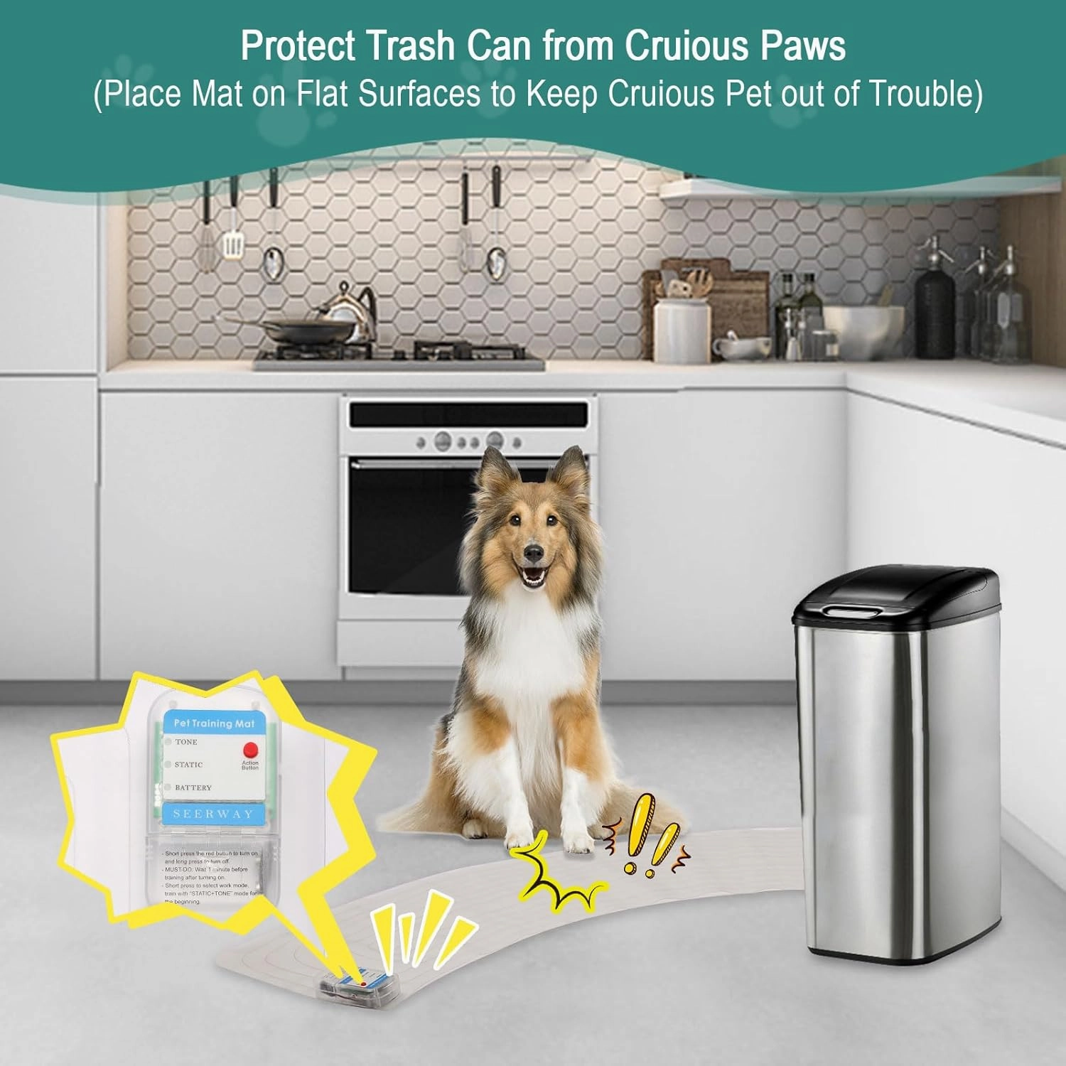 SEERWAY Scat Pet Shock Mat Indoor, Shock Training Pads for Dogs and Cats, Electric Repellent Mat Keeps Pets Off Plant, Trash Can and Christmas Tree, 3 Training Modes, 50"x12" Curved, Battery Operated