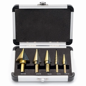 Segomo Tools 5 Piece SAE Multiple Hole 50 Sizes HSS Step Drill Bit Set with Aluminum Case | Stepped Drill Bit | Cone Drill Bit | Step Bit Set | Multiple Hole Drill Bit | Drill Step Bit - SDS5SAE
