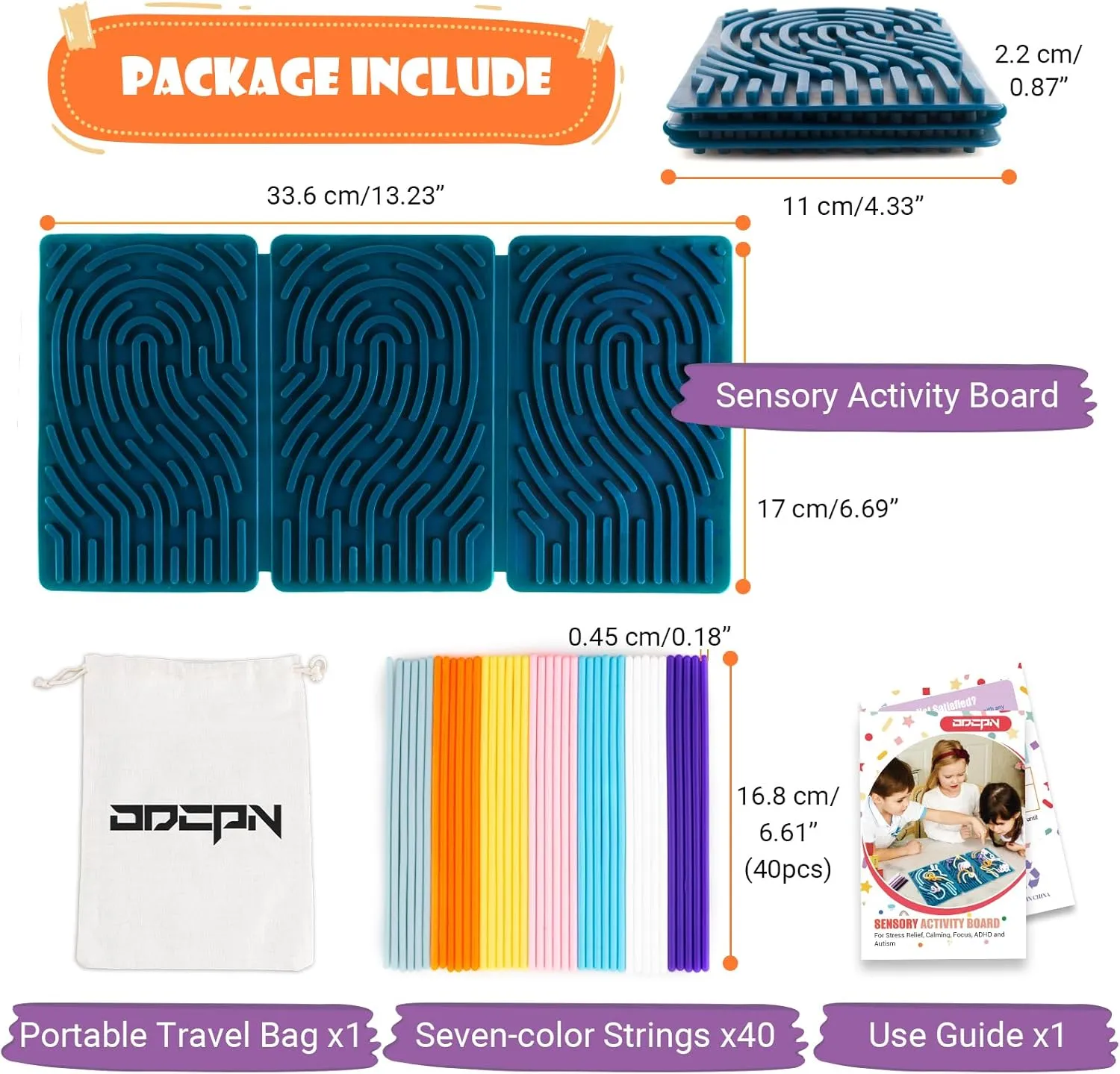 Sensory Activity Board, Six-Sided Silicone Sensory Fidget Toy with 40 Strings for Autism, Stress Relief, Calming, Focus & ADHD, Great for Kids 3  & Adults with User Guide & Portable Travel Bag