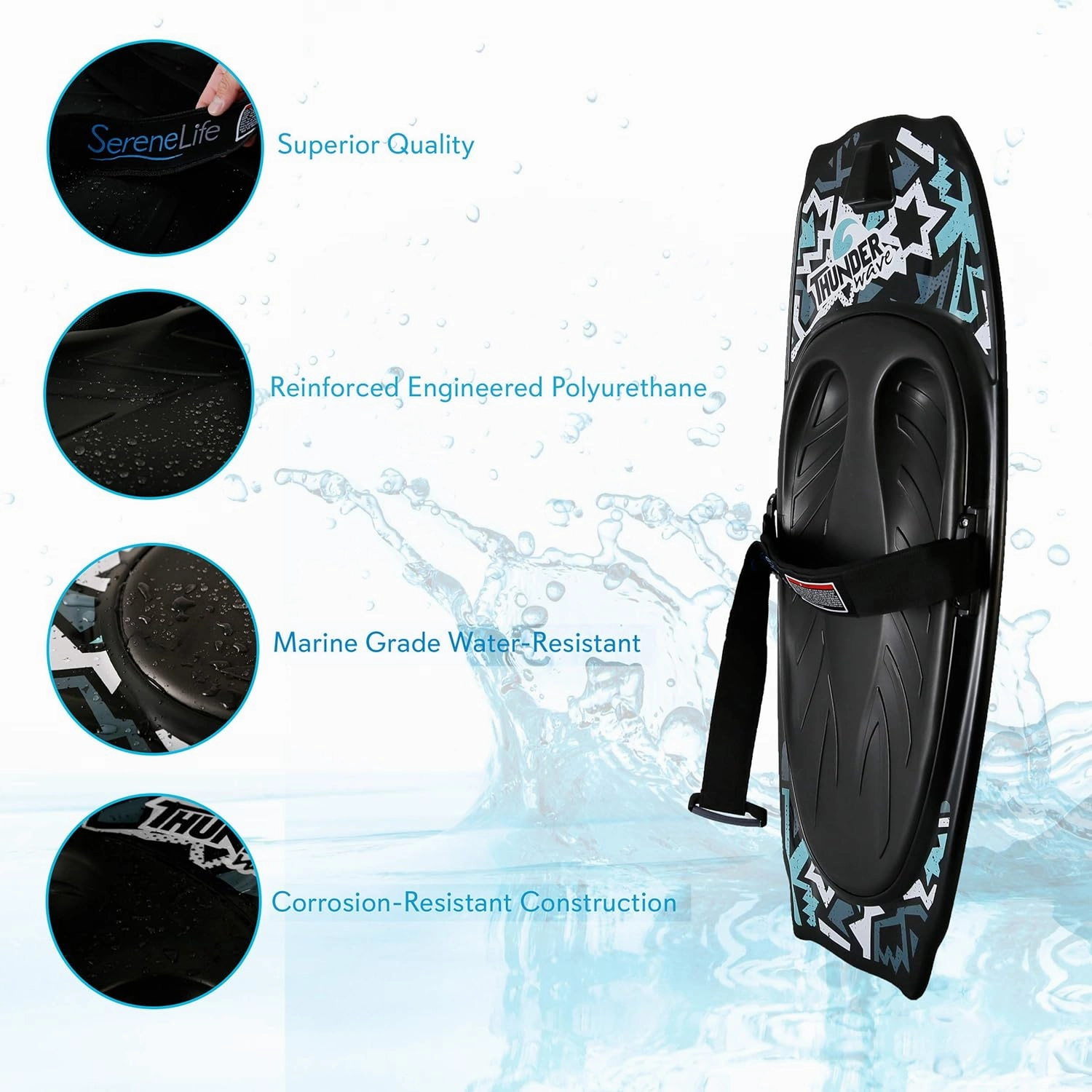 SereneLife Water Sport Kneeboard with Hook for Kids & Adults, Kneeboard with Strap for Boating, Waterboarding, Kneeling Boogie Boarding, Knee Surfing