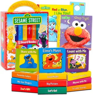 Sesame Street Board Books Set Toddlers Babies Bundle - Pack of 12 Chunky My First Library Board Book Block with Stickers | Elmo Books for Infants