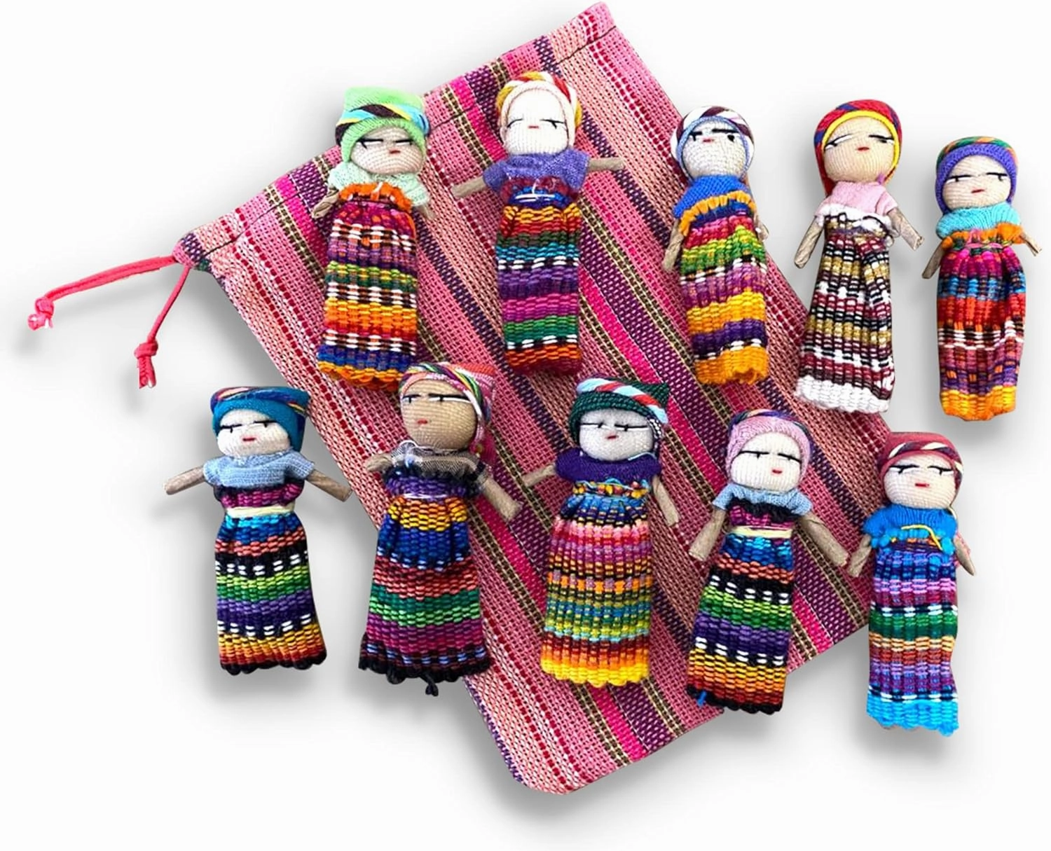 Set of 10 Guatemalan Handmade Worry Dolls with a Colourful Crafted Storage Bag | Worry Dolls for Girls | Worry Dolls for Boys | Anxiety Dolls | Worry Doll | Guatamalan Doll