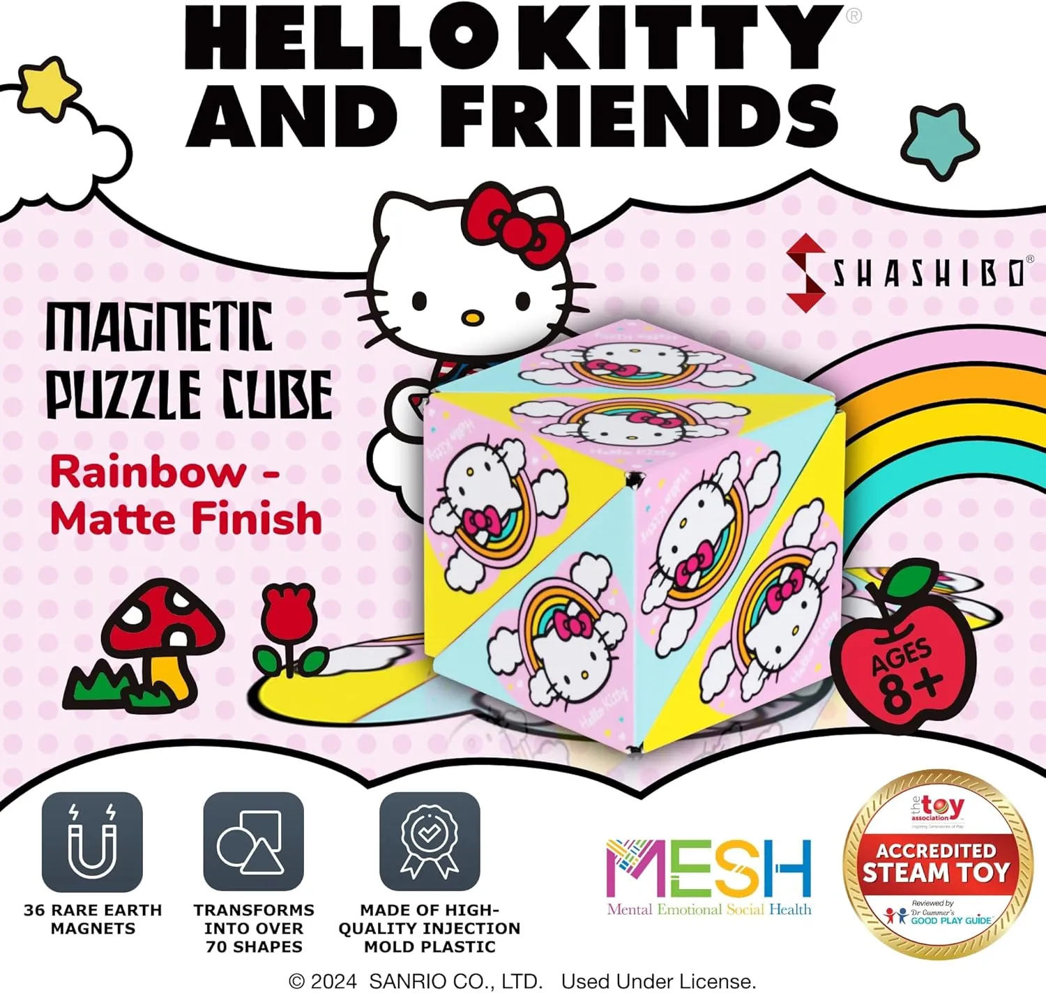SHASHIBO Hello Kitty & Friends Shape Shifting Box - STEM Magnetic Fidget Cube That Transforms Into Over 70 Shapes, Download Fun in Motion Toys Mobile App (Rainbow)