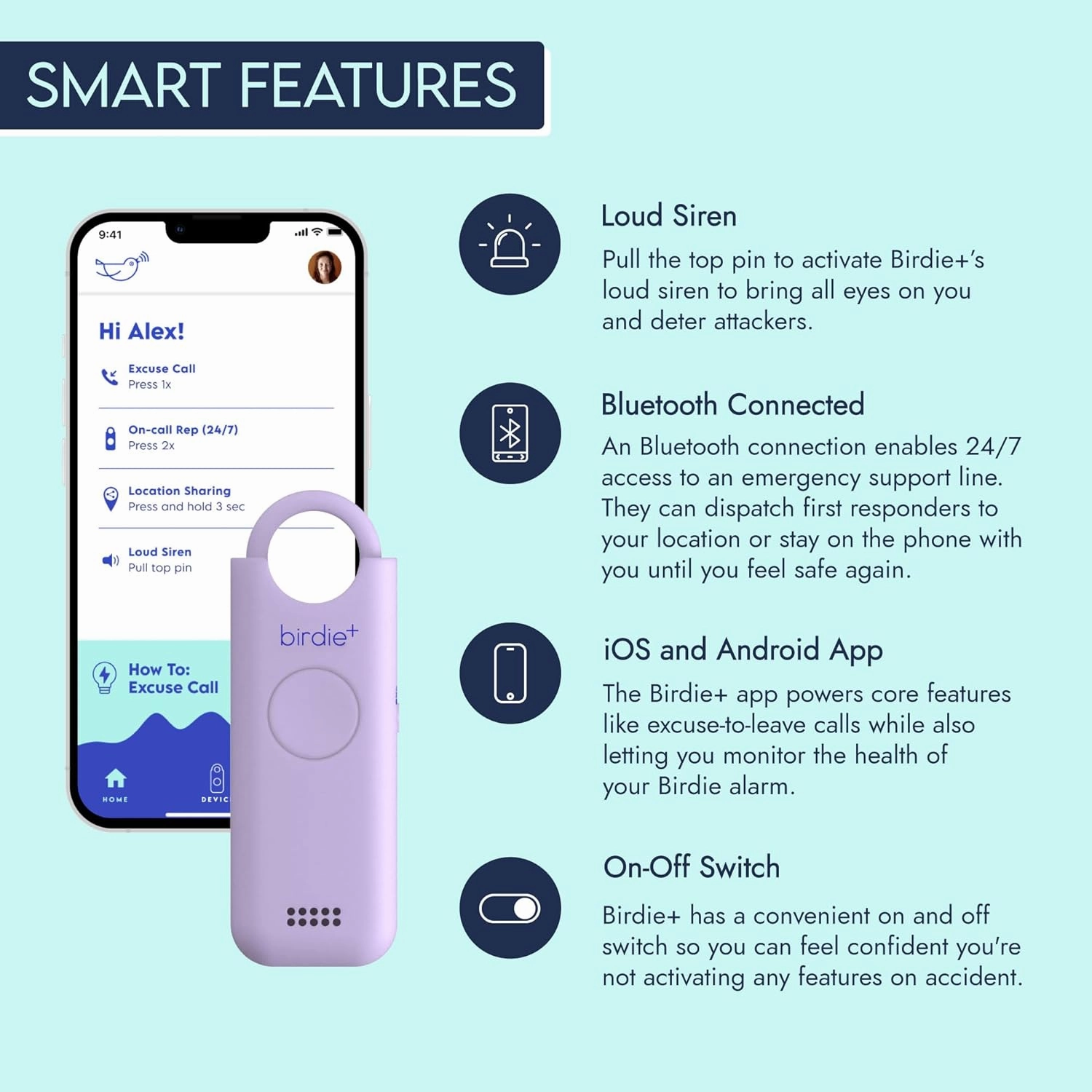 She’s Birdie - Birdie  Smart Personal Safety Alarm for Women by Women–Loud Siren, Key Chain, 24/7 Live Rep, Emergency Alerts, Bluetooth Connection - 3 Month App Subscription Included (Lavender)