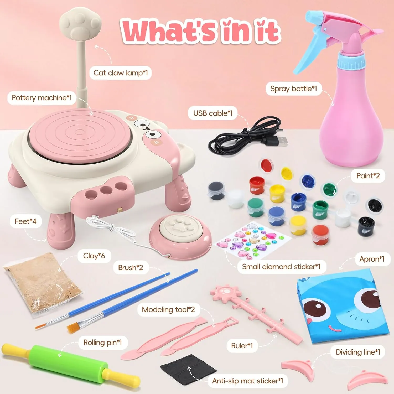Skirfy Mini Pottery Wheel Machine Kit for Beginners Kids with Light,Electric Ceramic Wheel with Foot Pedal&Painting Kit, Adjustable Speed,Clay Spinner DIY Tools for Art Craft,Toy for Kids Age 6 