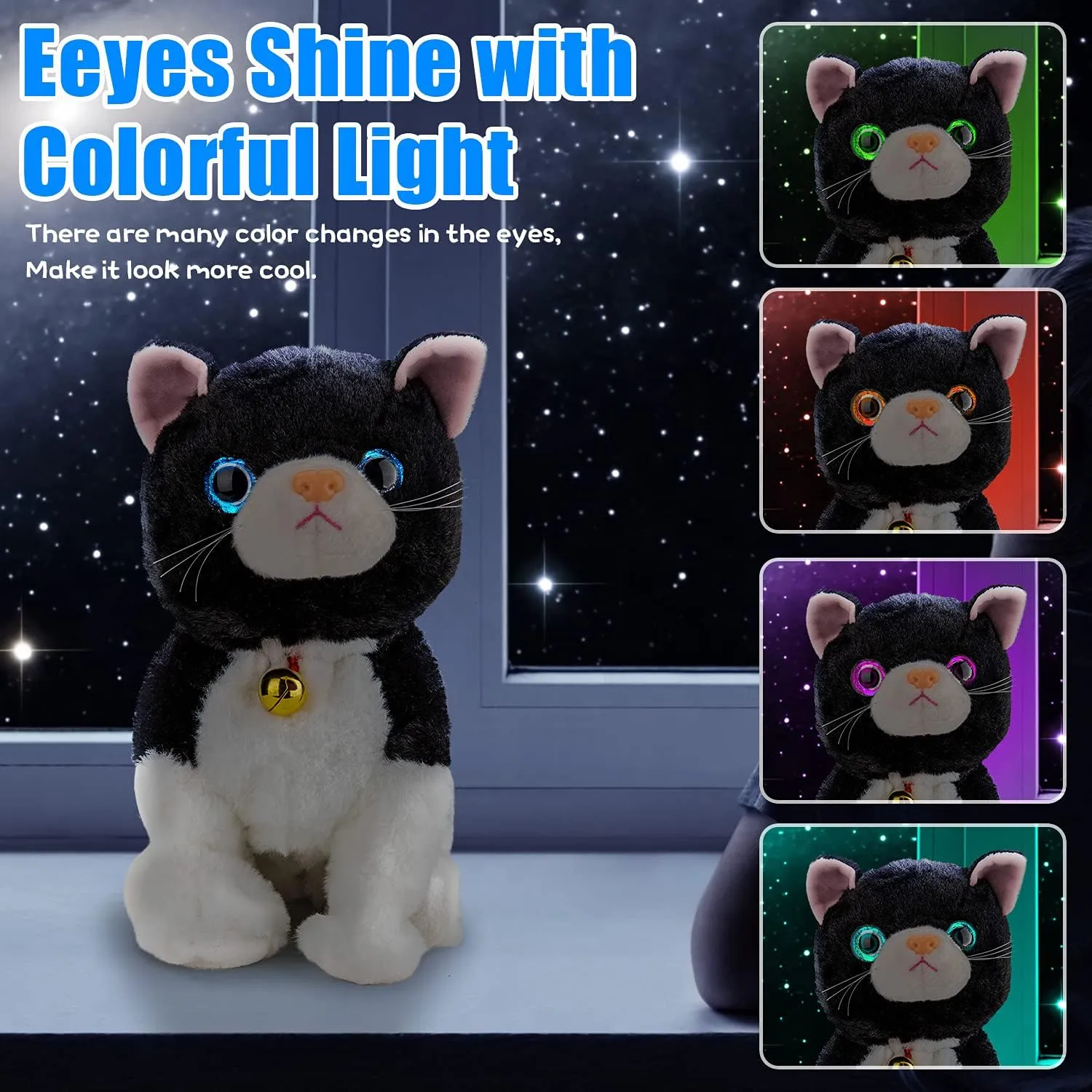 Smalody Interactive Electronic Plush Toy - Upgrade with LED Light Eyes Animated Sound Control Electronic Pet, Robot Cat Kitten Toys Gifts for Boys & Girls Kids Birthday Christmas (Black)