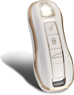 Smart Key Fob Case Protective Cover Compatible with Porsche 911 Cayenne Panamera TAYCAN 3 Button Keyless Entry Remote Control Accessories (White)