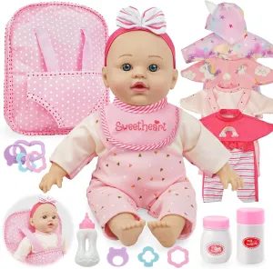 SMILESSKIDDO 12 Inch Soft Body Baby Doll for Toddlers with Take Along Dolls Backpack Carrier Accessories, Baby Doll Clothes and Baby Dolls Caring Set for Kids 2 3 4 5 Year Old