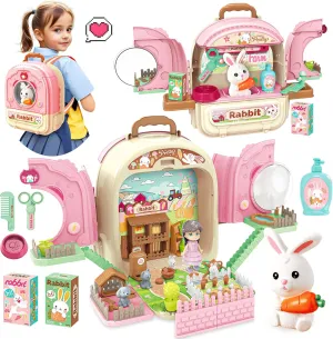 SMILESSKIDDO Pet Carrier Backpack Toy, 3 in 1 Care Playset, Pretend Play Accessories & Hair Dryer Toy, Rabbit Role Play Set for Girls Ages 3 