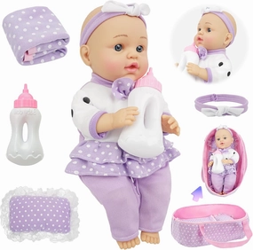 SMILESSKIDDO Baby Doll with Accessories, 12" Dolls Playset with Washable Carrier Bassinet Bed, Bottle, Blanket, and Pillow, Soft Body Baby Dolls for 2  Year Old Girls